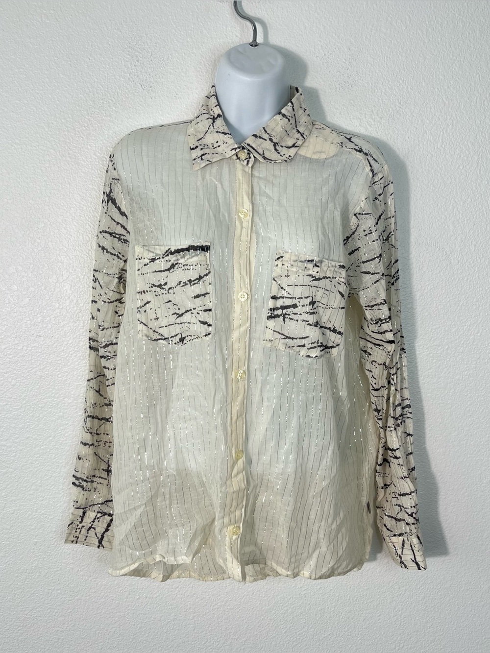 NEW Stussy Y2K Button-Down Cotton Shirt Cream Silver Long Sleeve Size Medium